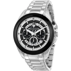 r8873612059 maserati watch men wr 100 meters black dial metal stainless steel silver strap quartz battery analog chronograph traguardo