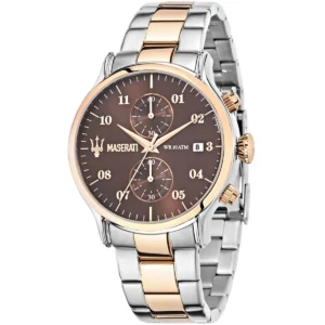 r8873618001 maserati two tone watch men wr 10 atm brown dial metal stainless steel silver rose gold strap quartz battery analog chronograph epoca