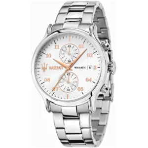 r8873618002 maserati watch men wr 10 atm silver dial metal stainless steel strap quartz battery analog chronograph epoca
