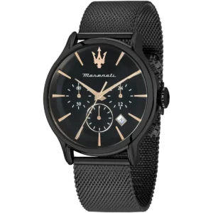 r8873618013 maserati mesh watch men black dial metal stainless steel strap quartz battery analog chronograph epoca