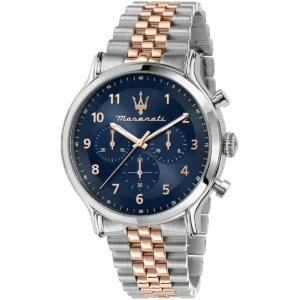 r8873618021 maserati limited edition two tone watch men blue dial metal stainless steel silver rose gold strap quartz battery analog chronograph epoca