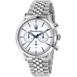 r8873618034 maserati watch men white dial metal stainless steel silver strap quartz battery analog chronograph epoca