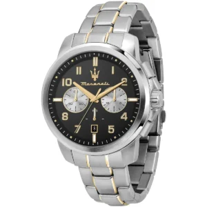 r8873621028 maserati limited edition two tone watch men black dial metal stainless steel silver gold strap quartz battery analog chronograph successo