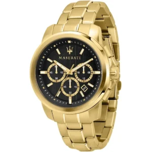 r8873621041 maserati watch men black dial metal stainless steel gold strap quartz battery analog chronograph successo