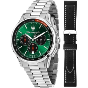 r8873624002 maserati gift set watch men 330ft 100m green dial metal stainless steel silver strap quartz battery analog chronograph successo