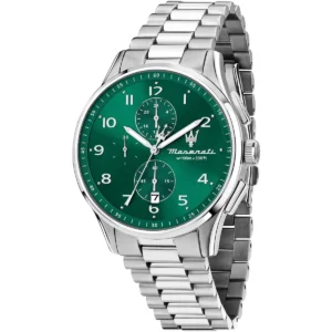 r8873624006 maserati watch men wr100m 330ft green dial metal stainless steel silver strap quartz battery analog chronograph successo