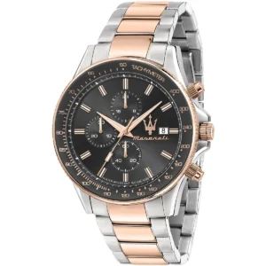 r8873640014 maserati two tone watch men water resistant 100meters gray dial metal stainless steel silver rose gold strap quartz battery analog chronograph sfida