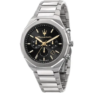 r8873642010 maserati patterned dial watch men 100m 330ft black metal stainless steel silver strap quartz battery analog chronograph stile