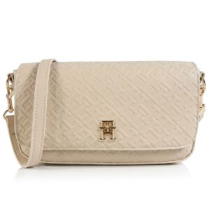 tommy hilfiger beige monogram embossed women crossbody bag gold logo