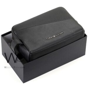 tommy hilfiger black leather mens clutch bag gift box