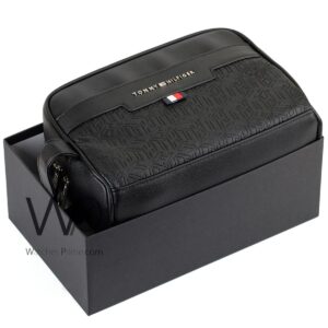 tommy hilfiger black leather mens clutch bag gift box patterned logo