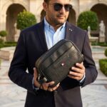 Tommy Hilfiger Black Leather Mens Clutch Bag Gift Box Patterned Logo | Watches Prime