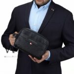 Tommy Hilfiger Black Leather Mens Clutch Bag Gift Box Patterned Logo | Watches Prime