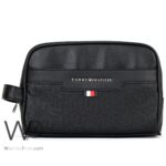 Tommy Hilfiger Black Leather Mens Clutch Bag Gift Box Patterned Logo | Watches Prime