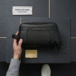 Tommy Hilfiger Leather Mens Clutch Black Bag Gift Box Patterned Logo | Watches Prime