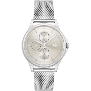 2001237 lacoste watch pleats women beige dial silver stainless steel strap mesh