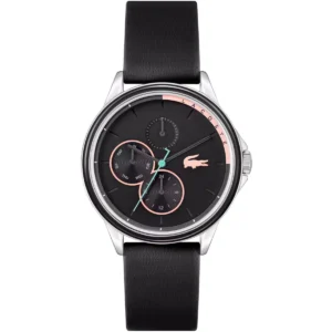2001340 lacoste watch skyhook women black dial leather strap