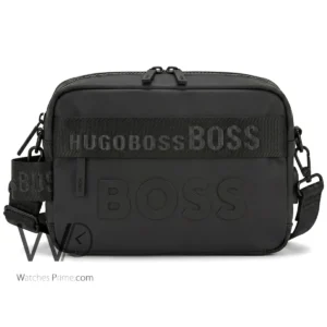 HUGO BOSS Men's Black Crossbody Bag with Red Logo | Watches Prime