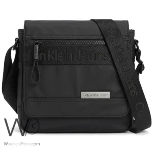 Calvin Klein Black Textile Crossbody Flap Bag with Branded Strap