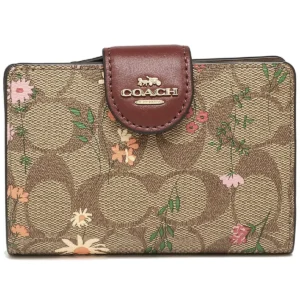 coach women signature khaki white floral medium corner zip wallet c8730