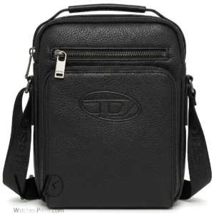 diesel black textured crossbody messenger bag with logo