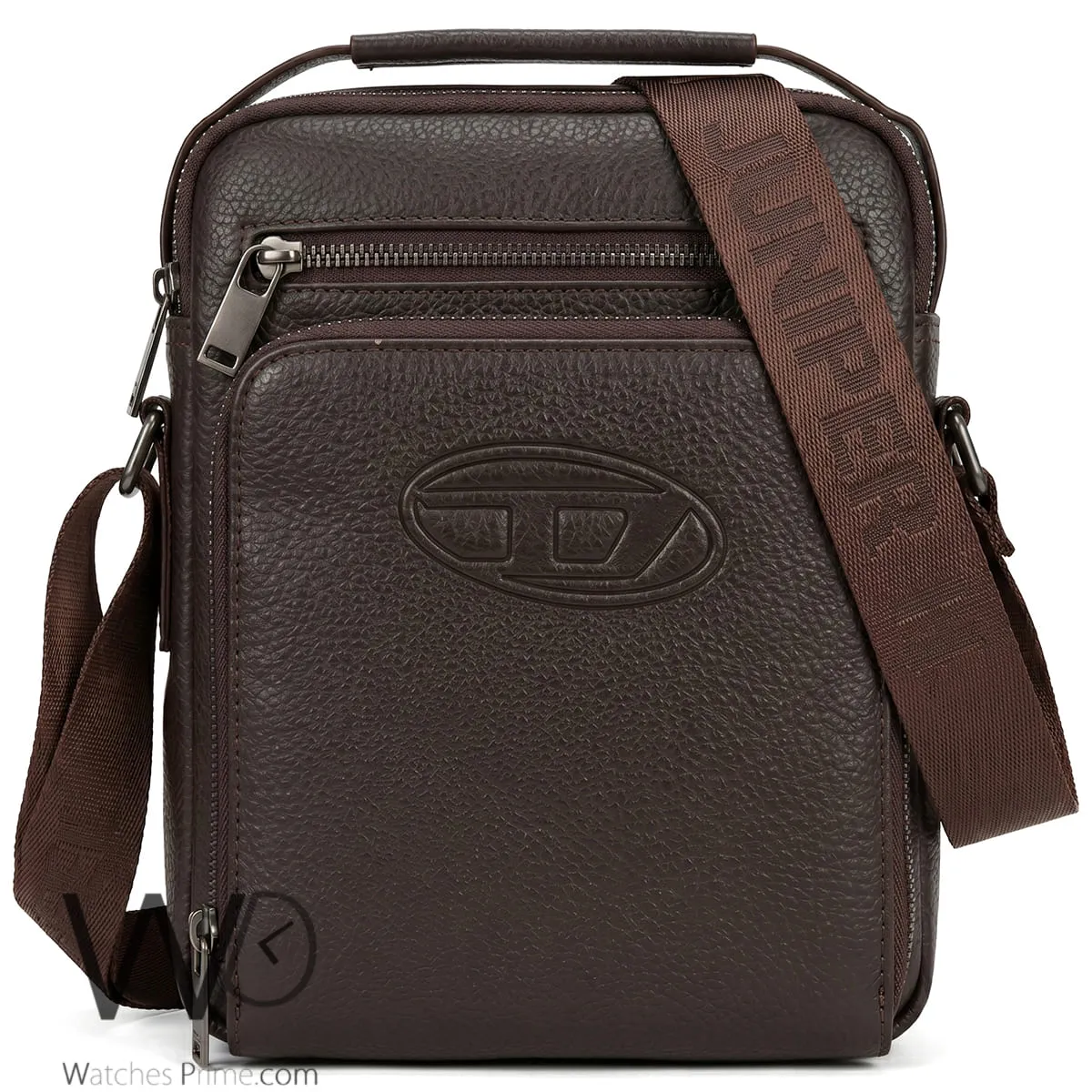 Diesel Brown Textured Crossbody Bag with Printed Strap