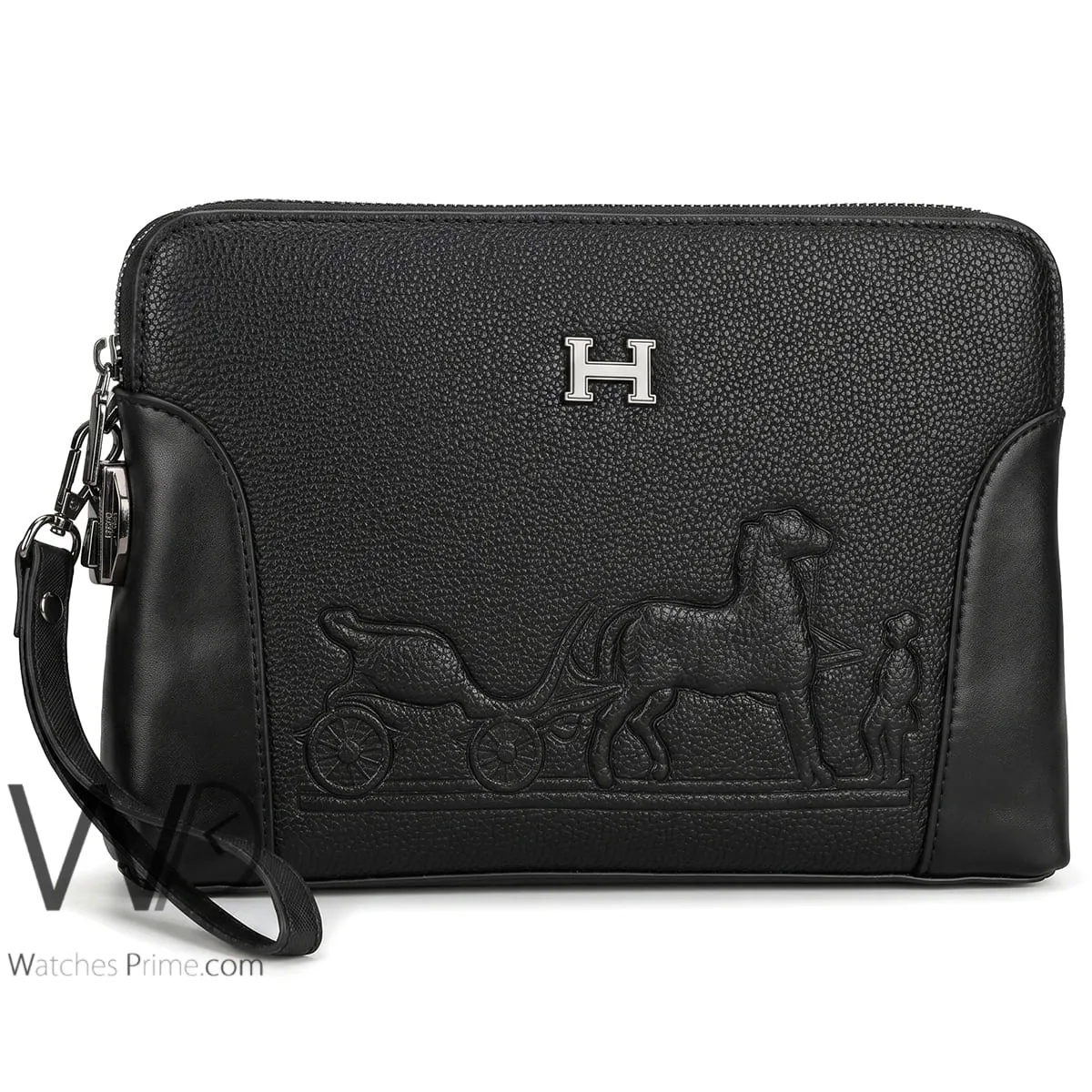 Hermès Black Embossed Horse Carriage Pouch with Wrist Strap