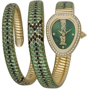 jc1l163m0055 just cavalli watch glam chic women green dial multicolored stainless steel strap snake triple wrap crystals