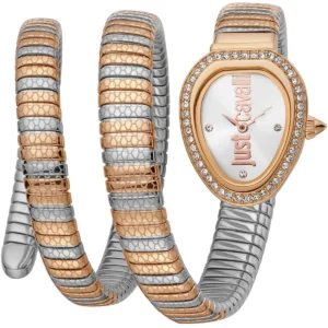 jc1l163m0085 just cavalli watch glam chic women silver dial rose gold stainless steel strap snake triple wrap crystals two tone