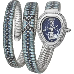 jc1l163m0225 just cavalli watch glam chic women blue dial multicolored stainless steel strap snake triple wrap crystals