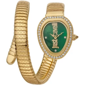 jc1l167m0025 just cavalli watch glam snake women green dial gold stainless steel strap mother of pearl double wrap bracelet crystals