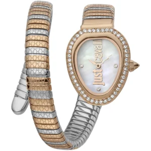 jc1l167m0065 just cavalli watch glam snake women white dial silver rose gold stainless steel strap mother of pearl double wrap bracelet crystals