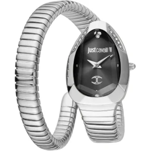 jc1l208m0025 just cavalli watch signature snake women black dial silver stainless steel strap double wrap bracelet crystals