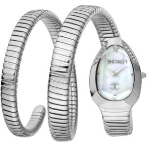 jc1l209m0015 just cavalli watch signature snake women white dial silver stainless steel strap triple wrap crystals mother of pearl