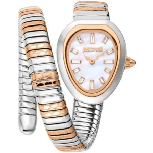 jc1l222m0065 just cavalli watch signature snake women white dial silver rose gold stainless steel strap double wrap bracelet mother of pearl