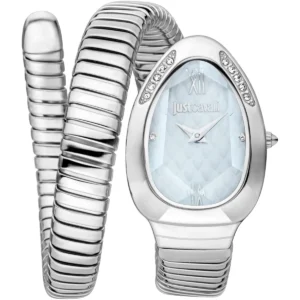 jc1l223m0015 just cavalli watch signature snake women blue dial silver stainless steel strap double wrap bracelet crystals