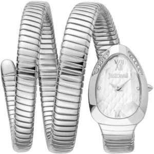 jc1l224m0015 just cavalli watch signature snake women silver dial stainless steel strap triple wrap crystals