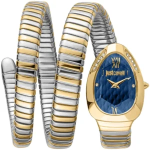 jc1l224m0075 just cavalli watch signature snake women blue dial silver gold stainless steel strap triple wrap crystals two tone
