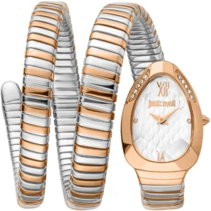 jc1l224m0085 just cavalli watch signature snake women silver dial rose gold stainless steel strap triple wrap crystals two tone