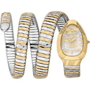 jc1l226m0055 just cavalli watch signature snake women gold silver dial stainless steel strap triple wrap crystals glitter two tone