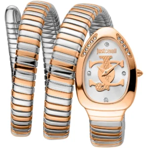 jc1l228m0085 just cavalli watch signature snake women silver dial rose gold stainless steel strap triple wrap crystals jc logo two tone