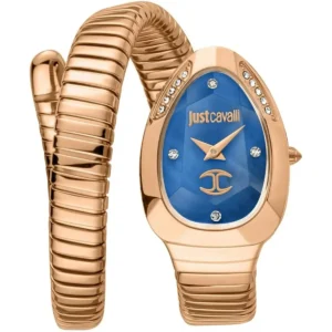 jc1l229m0055 just cavalli watch signature snake women blue dial rose gold stainless steel strap double wrap bracelet crystals mother of pearl