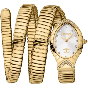 jc1l248m0025 just cavalli watch signature snake women silver dial gold stainless steel strap triple wrap crystals