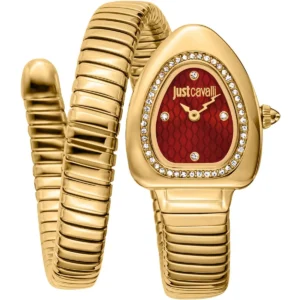 jc1l249m0025 just cavalli watch signature snake women red dial gold stainless steel strap double wrap bracelet crystals
