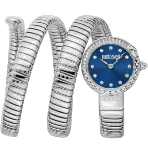 jc1l302m0015 just cavalli watch signature snake women blue dial silver stainless steel strap triple wrap crystals