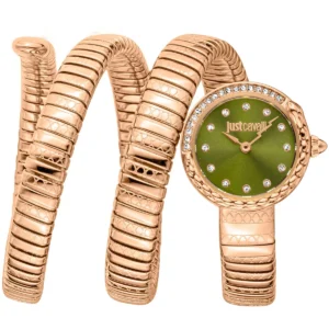 jc1l302m0045 just cavalli watch signature snake women green dial rose gold stainless steel strap triple wrap crystals