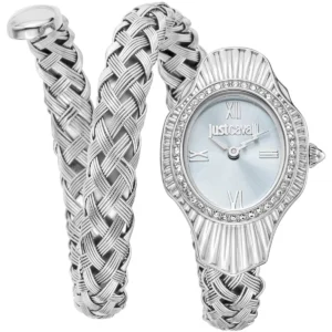 jc1l305m0015 just cavalli watch signature snake women blue dial silver stainless steel strap double wrap bracelet crystals