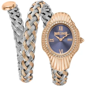 jc1l305m0065 just cavalli watch signature snake women blue dial silver rose gold stainless steel strap double wrap bracelet crystals mother of pearl two tone