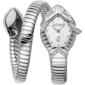 jc1l356m0015 just cavalli watch signature snake women silver dial stainless steel strap double wrap bracelet crystals