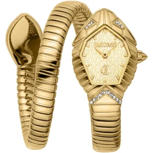 jc1l356m0025 just cavalli watch signature snake women gold dial stainless steel strap double wrap bracelet crystals
